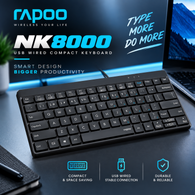 Rapoo NK8000 USB Wired Compact Keyboard (Black) – Space-Saving 80-Key Layout, Durable Laser-Carved Keycaps, FN Multimedia Hotkeys & 2-Year Warranty